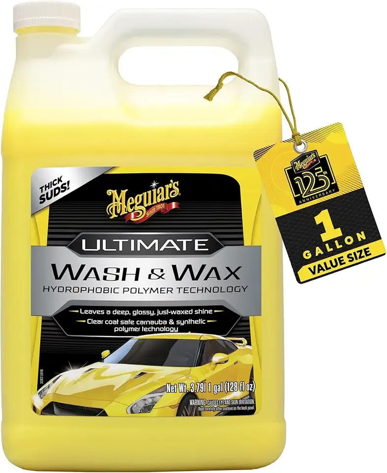 Meguiar's Ultimate Wash and Wax, Car Wash Soap and Wax Cleans & Shines in One Step, Shine & Protect with an Enhanced pH Balanced Car Paint Cleaner, 1 Gallon