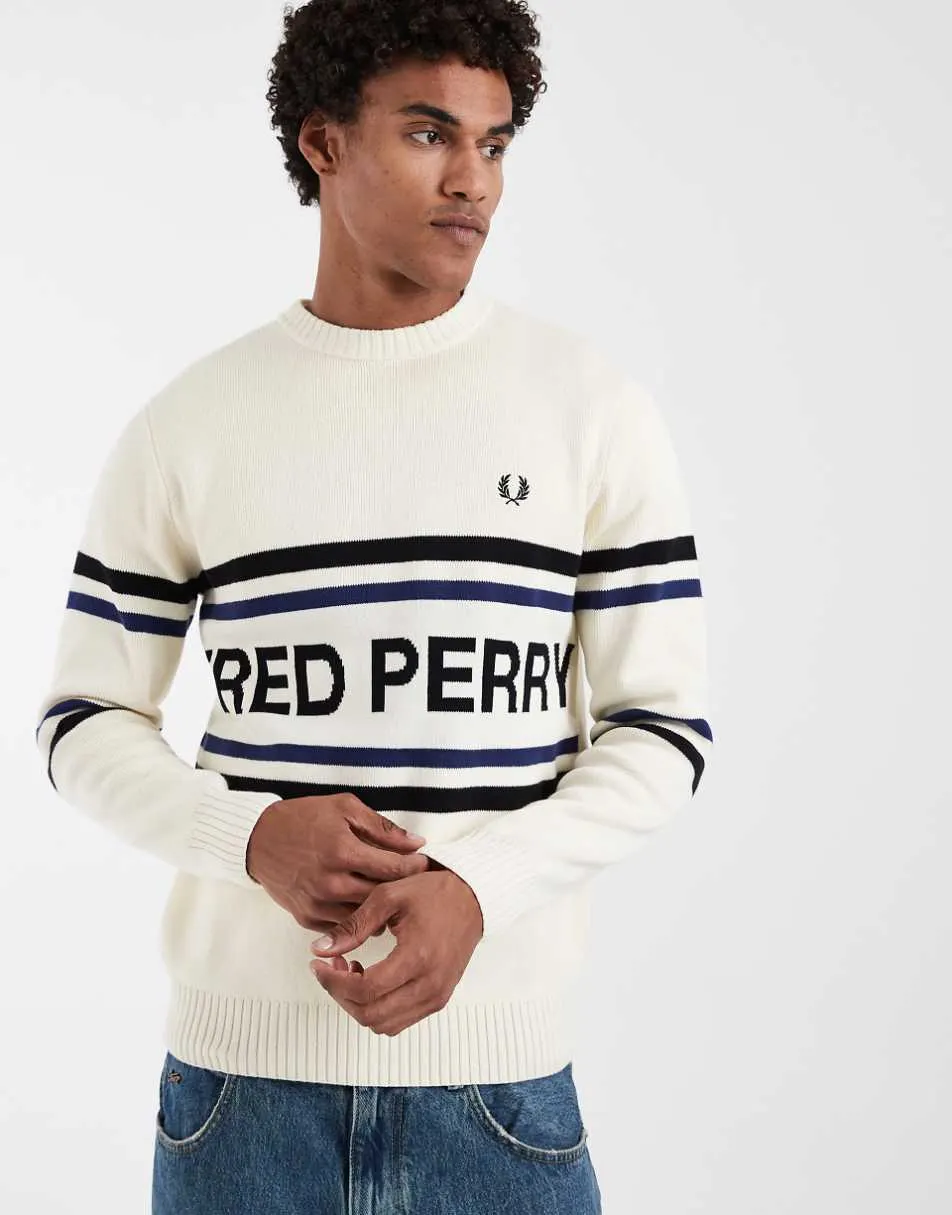 Fred Perry stripe logo graphic knit jumper in ecru