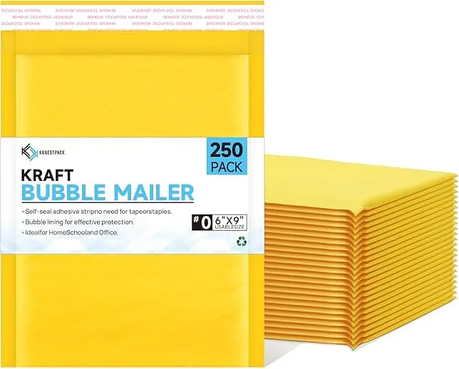 Kkbestpack Kraft Paper Bubble Mailers #0, 6x10 Inch Self-Seal Padded Mailing Envelopes, Usable Size 6x9, Pack of 250