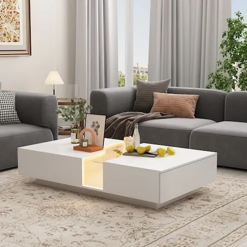 FUFU&GAGA Modern White Coffee Table with 2 Drawers, Transparent Center Panel and LED Light, Spacious Side Table for Living Room