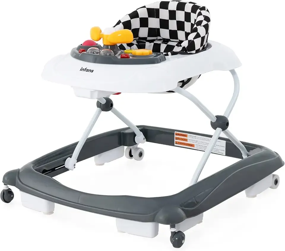 INFANS Foldable Baby Walker, 3 in 1 Toddler Walker Leaning-Seated Walk-Behind with Removable Music Tray, Adjustable Height, Washable Seat Cushion for Boys and Girls (Checkerboard)