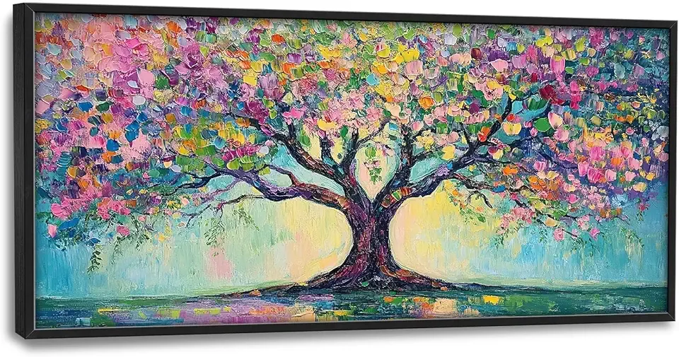 Large Tree of Life Wall Art for Living Room, Pink Tree Canvas Oversized Wall Decor, Colorful Tree Framed Pictures Painting Print Artwork for Bedroom Office 60" L x 30" W