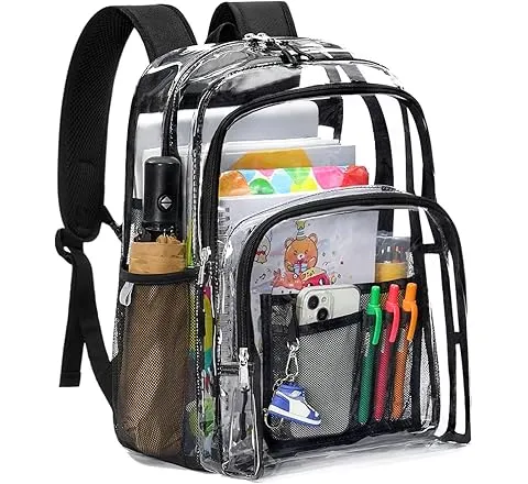 Flowston Double Layer Large Clear Backpack, 17 inch Transparent TPU Clear Bookbag, Heavy Duty See Through Backpack for College, Work, Travel, Casual Sport, Black