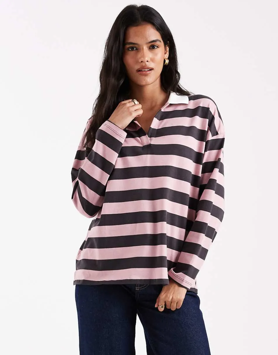 ASOS DESIGN long sleeve rugby tee in chocolate and mauve stripe