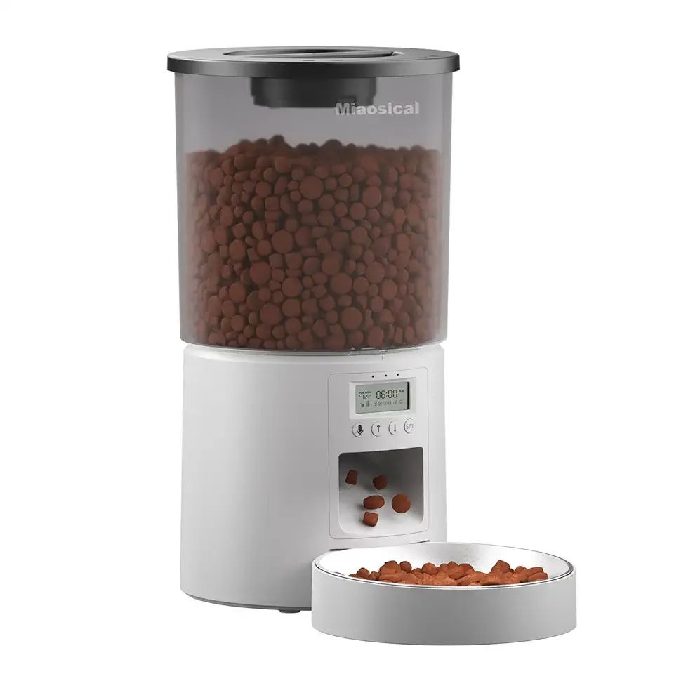 Automated Cat Feeder,Clear 4.2L Dry Food Dispenser with Single Bowl,Programmable Timed Pet Feeder for Up to 6 Daily Meals,10-Second Voice Message & Dual Power Backup (White, 4.2L Press Version)