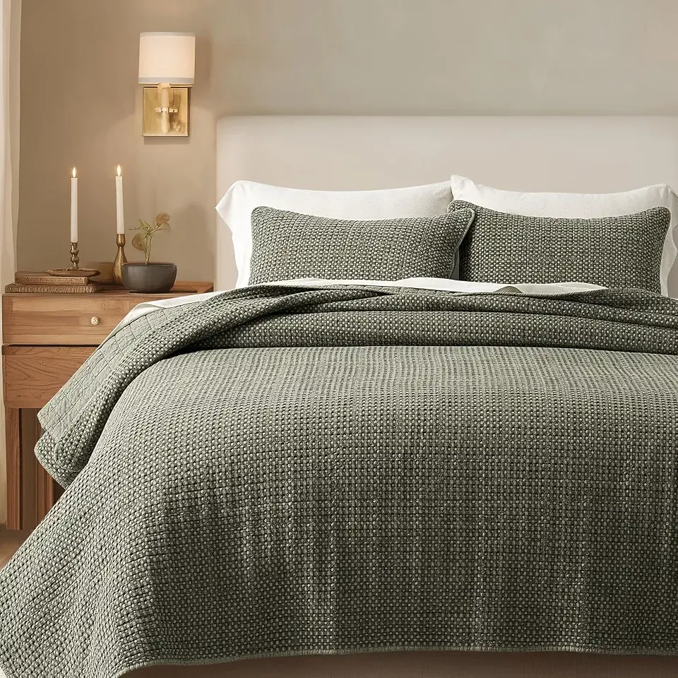 EverGrace Stonewashed Cotton Waffle Quilt Set, King Size, Olive Green