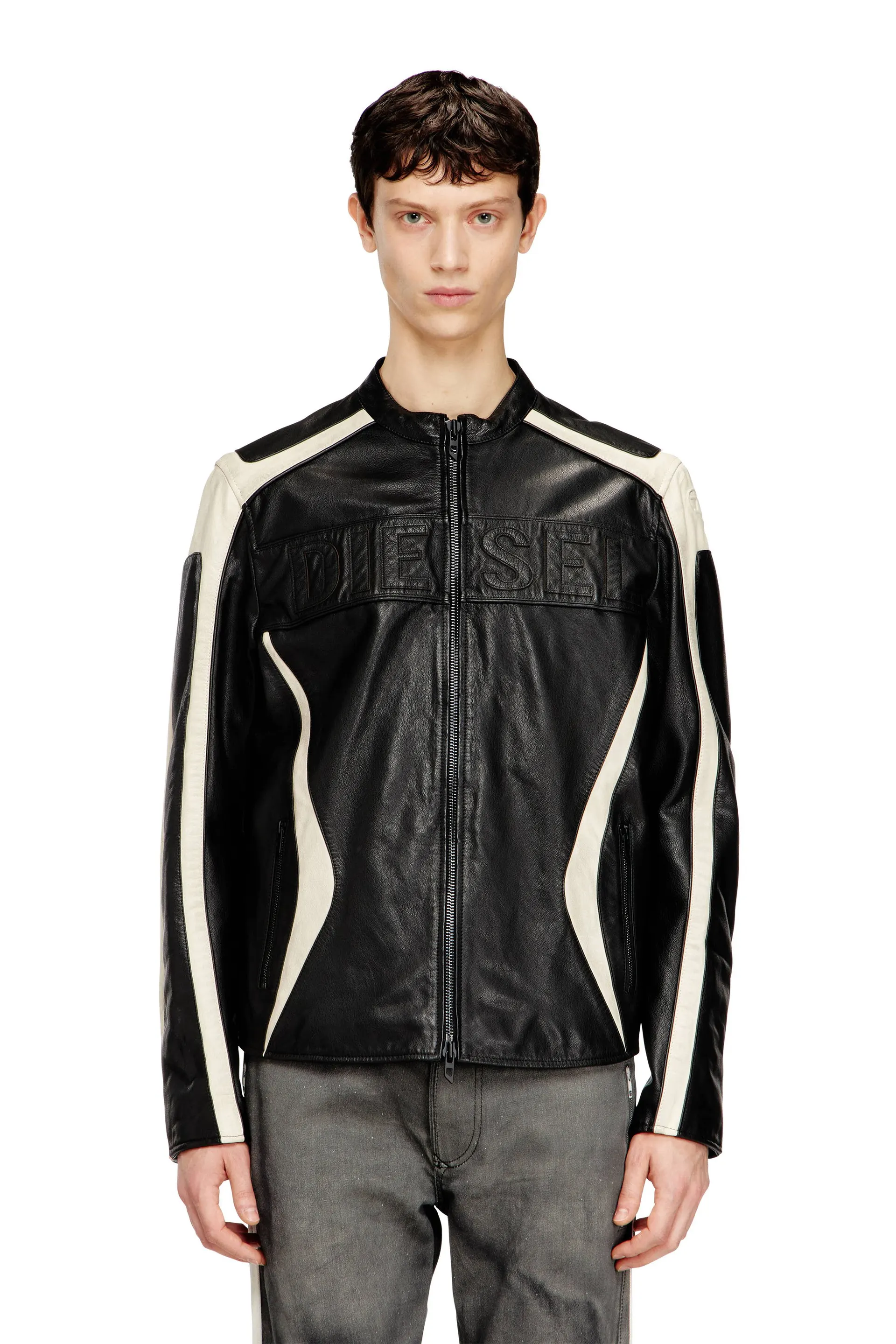 Colour-block leather biker jacket