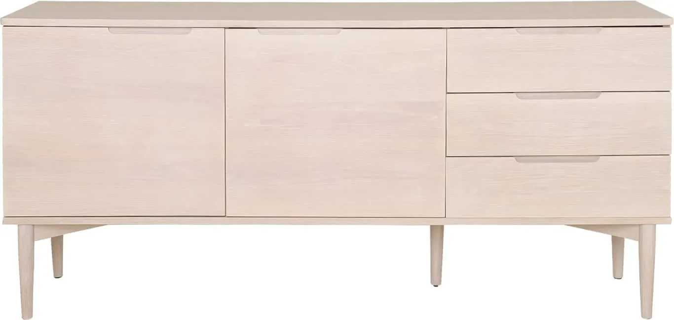 Karmøy skjenk 161 x 41 H: 76 cm, hvitpigmentert eikefiner, 2 dører og 3 skuffer