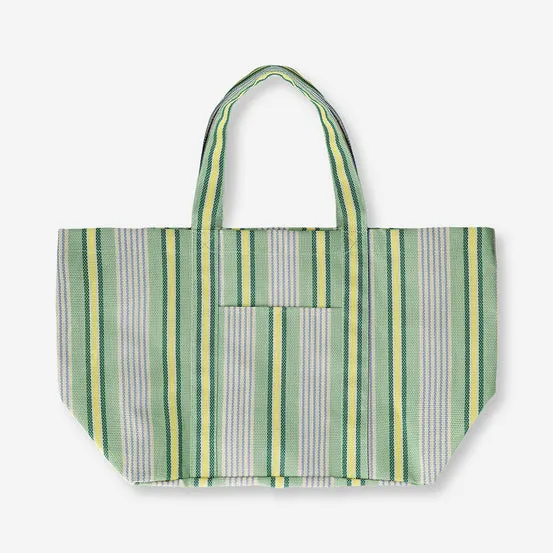 Green mesh shopper bag with stripes