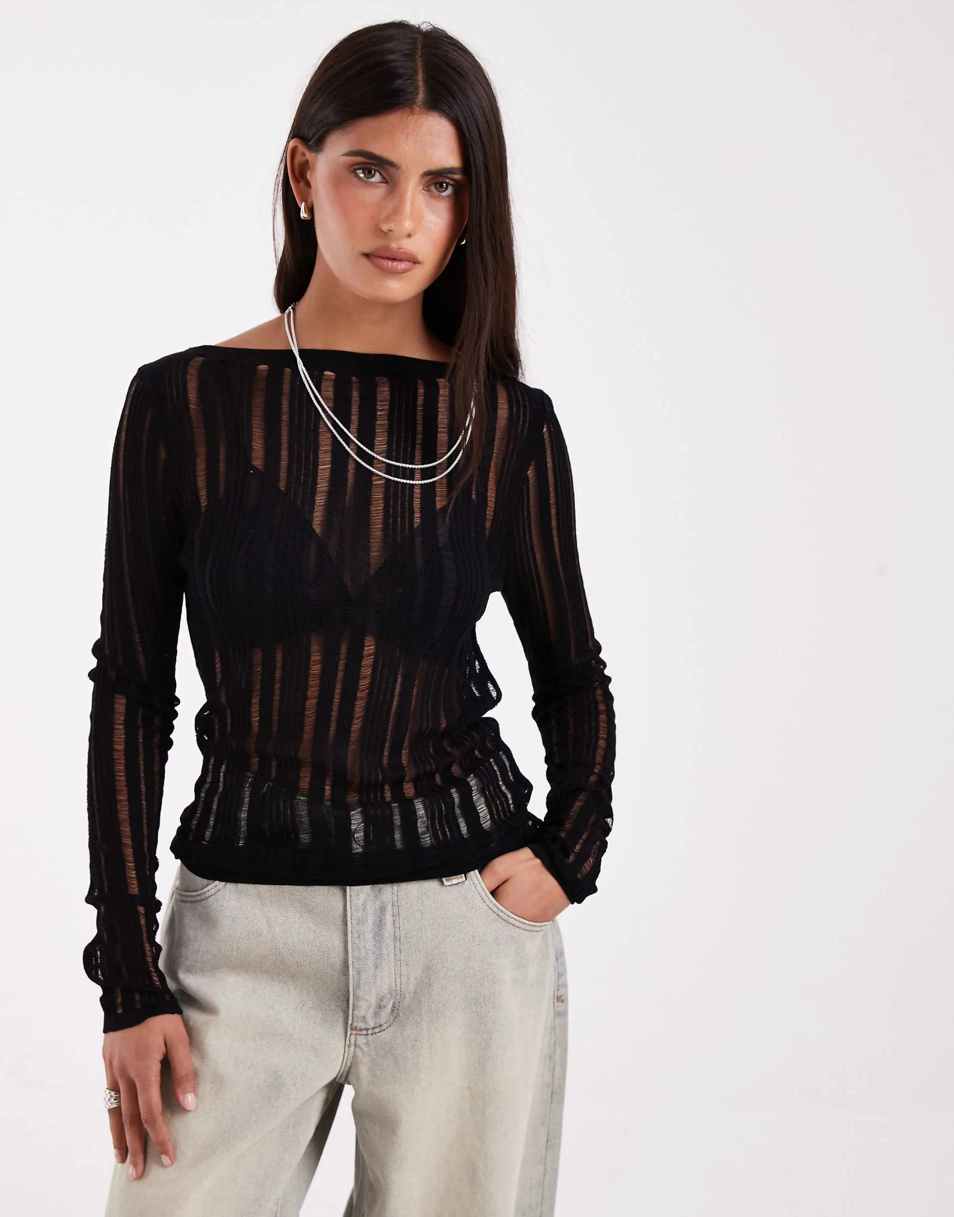 ASOS DESIGN ladder fine knit long sleeve top in black