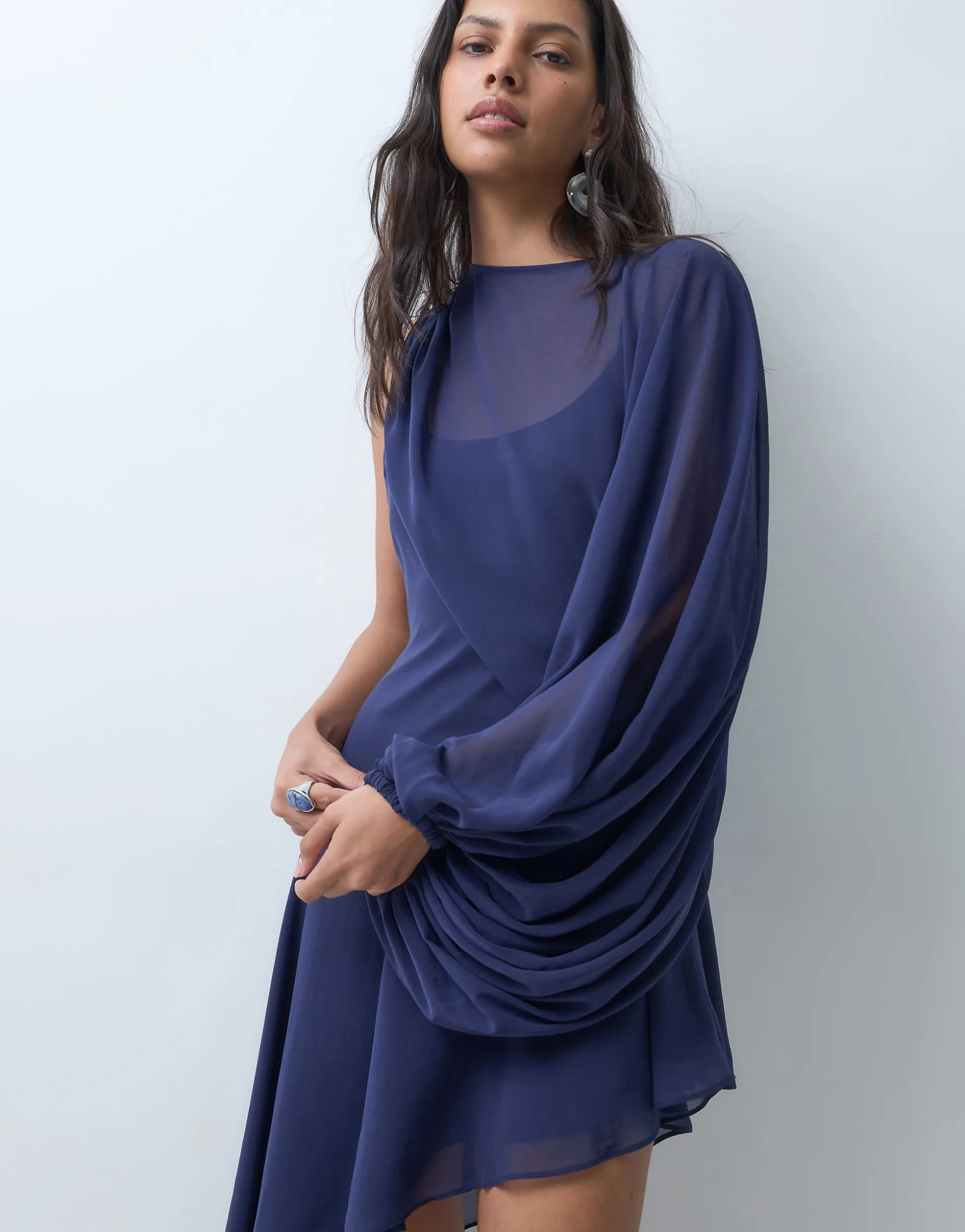 ASOS DESIGN chiffon long sleeve bloussant mini dress in navy