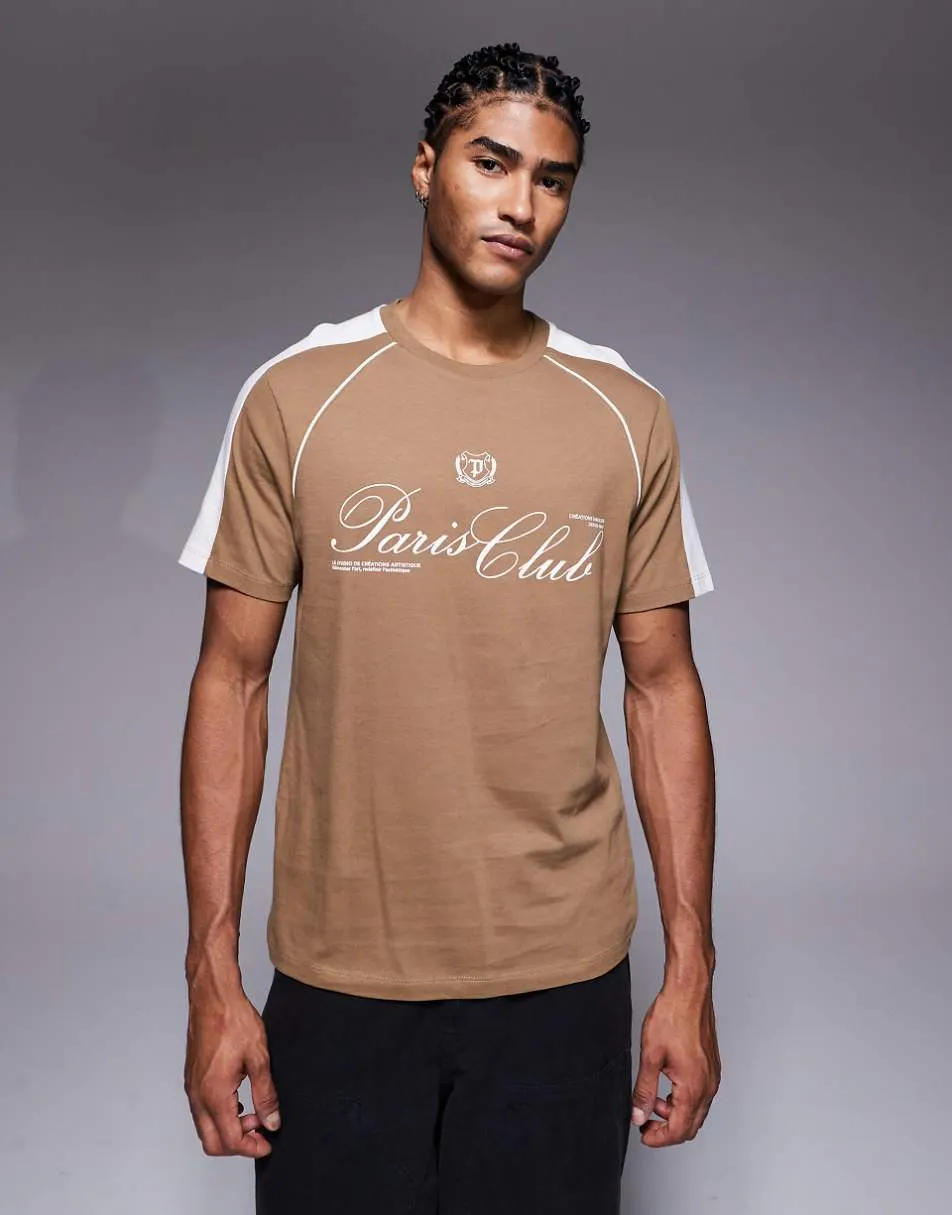 ASOS DESIGN raglan t-shirt with city text graphic and panelling detail in light brown