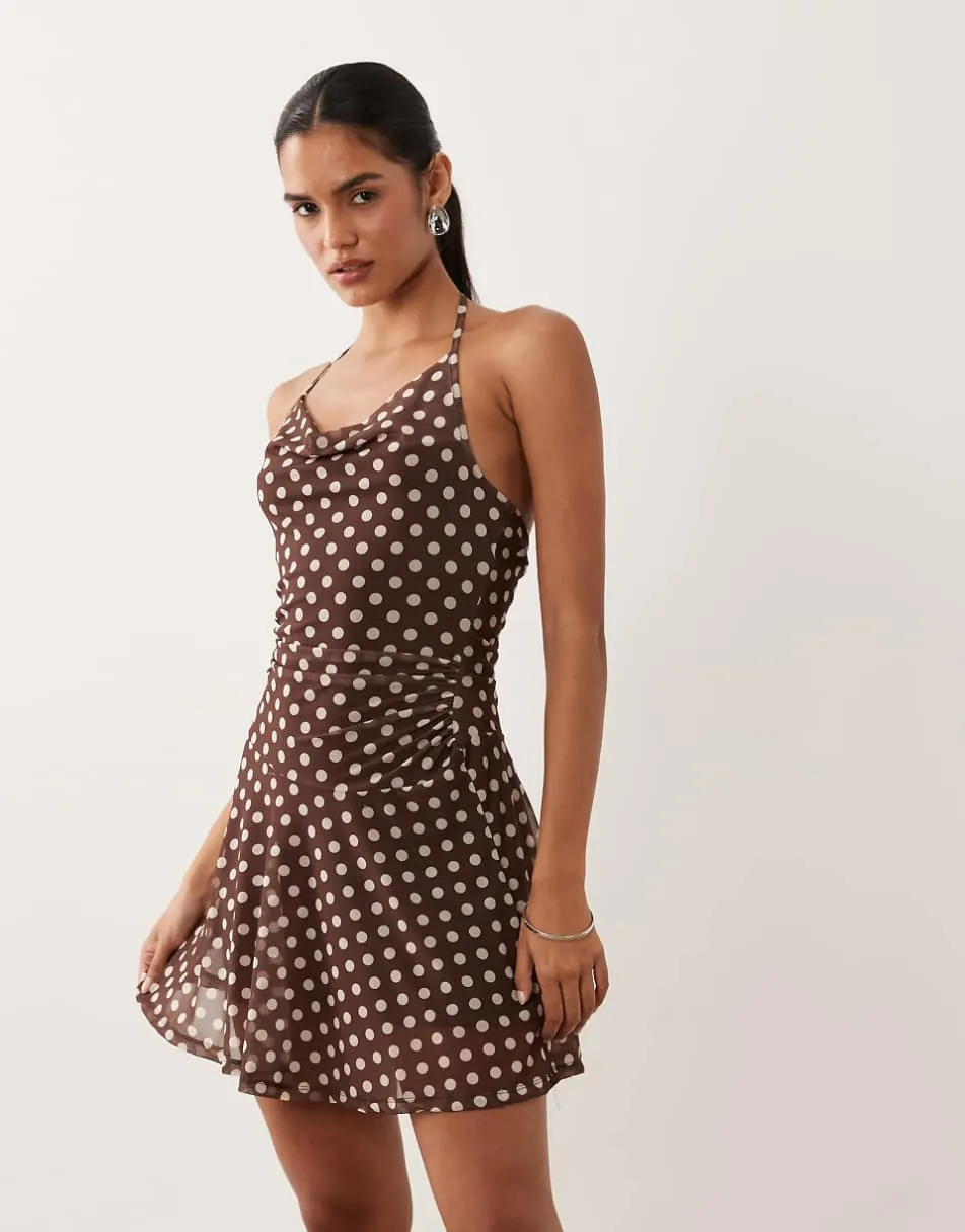 New Look polka dot halter neck mini dress in brown
