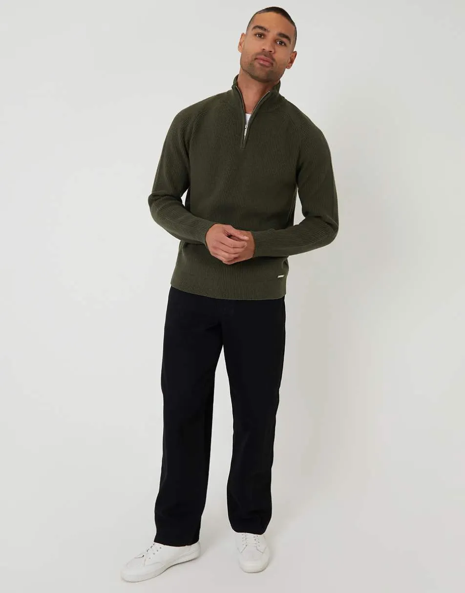 Threadbare Cotton blend rib panel quarter zip knitted jumper in green