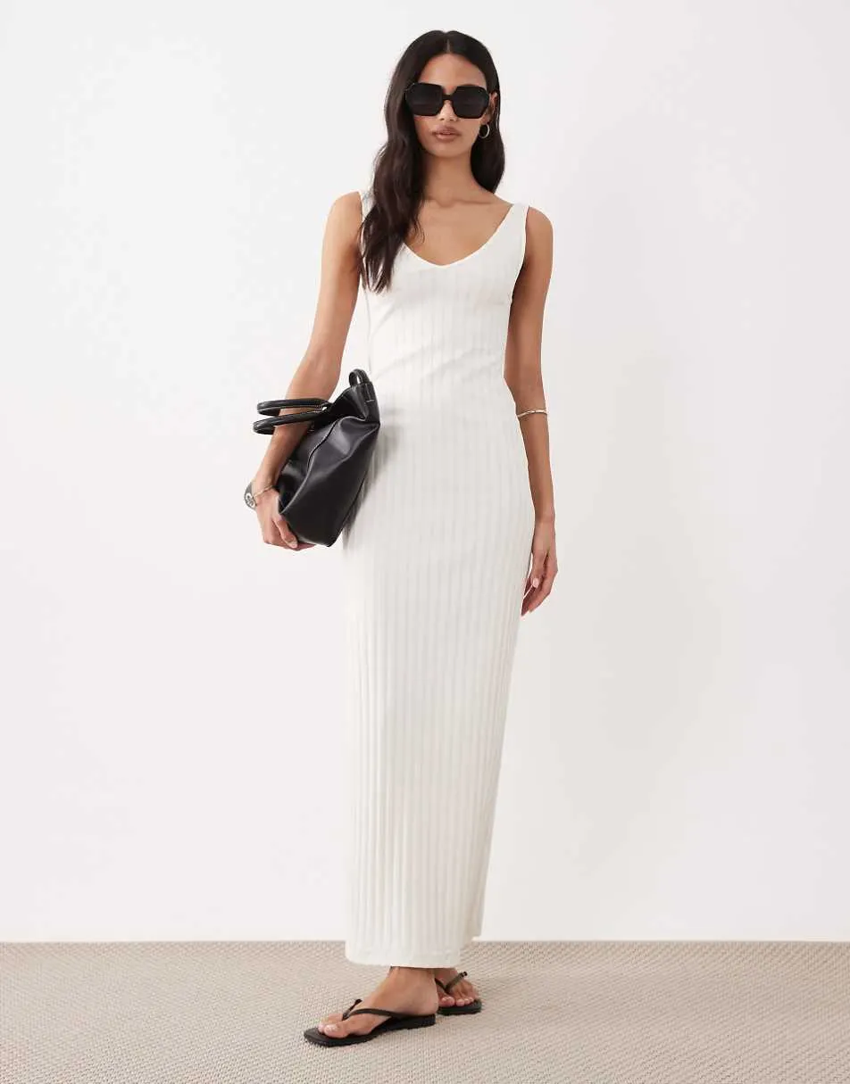 ASOS DESIGN wide rib sleeveless V neck midi dress in neutral
