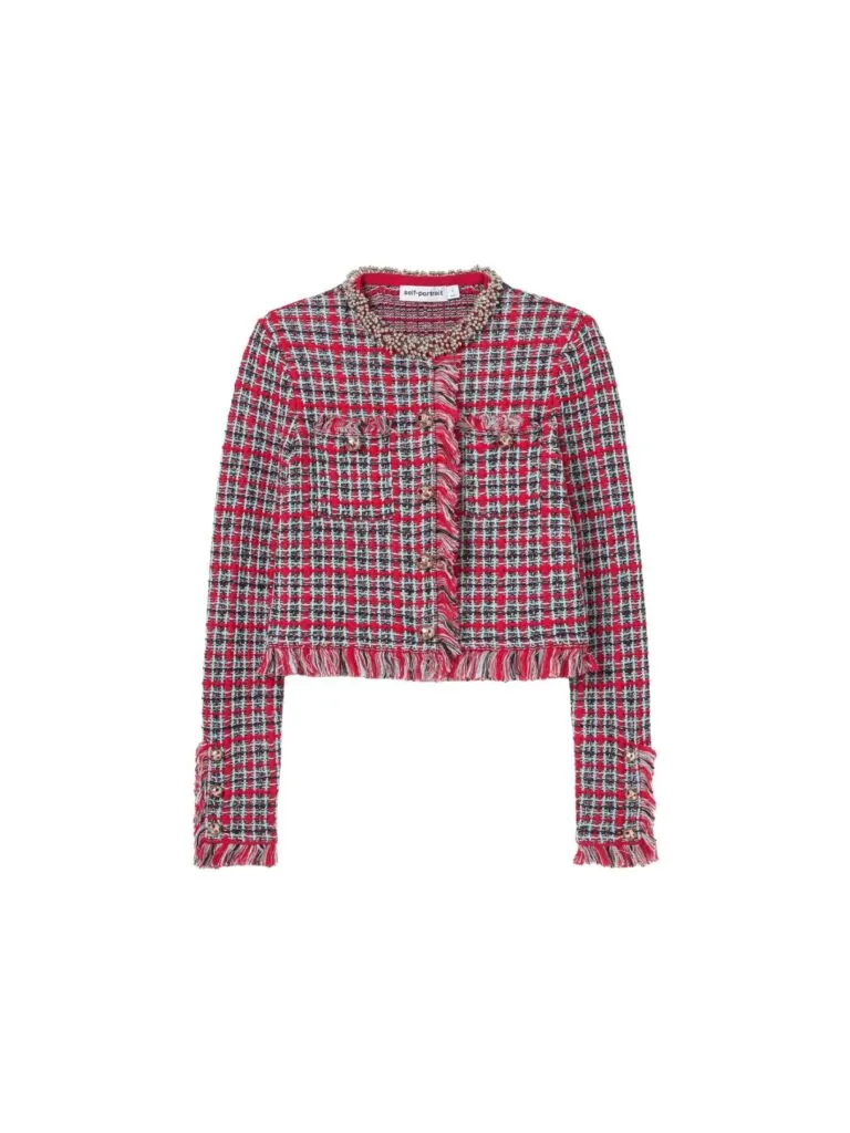 Check Frayed Knit Jacket - Rød