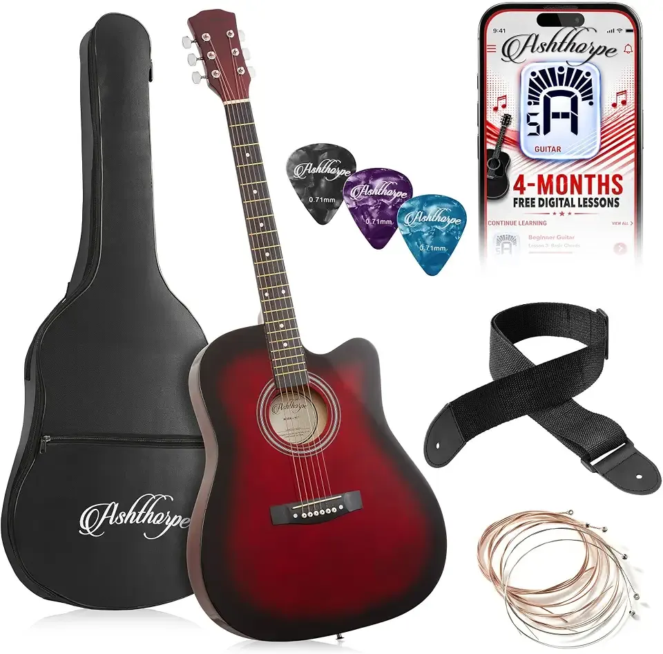 Ashthorpe 41-inch Beginner Cutaway Acoustic Guitar (Red), Full Size Basic Starter Kit w/Gig Bag, Strings, Strap, Picks, and Lessons