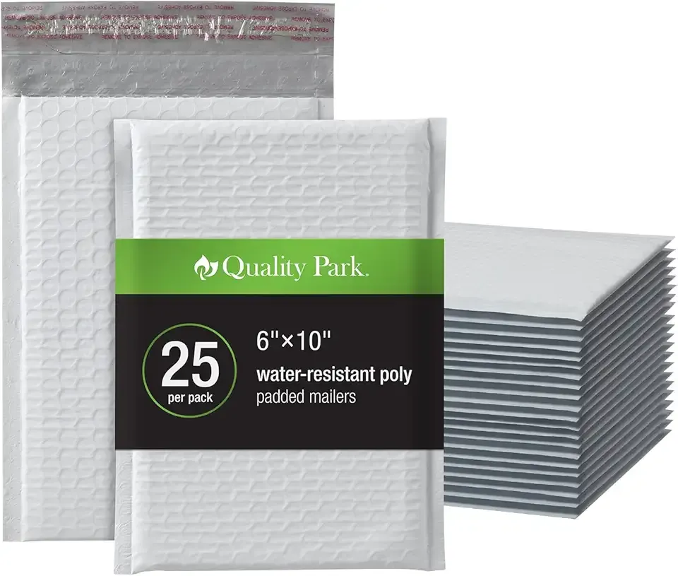 Quality Park Bubble Mailers, 6 x 9 Shipping Envelopes, Water Resistant White Poly Padded Mailers, Redi-Strip Peel Off Closure, 25 Per Box (1002347)