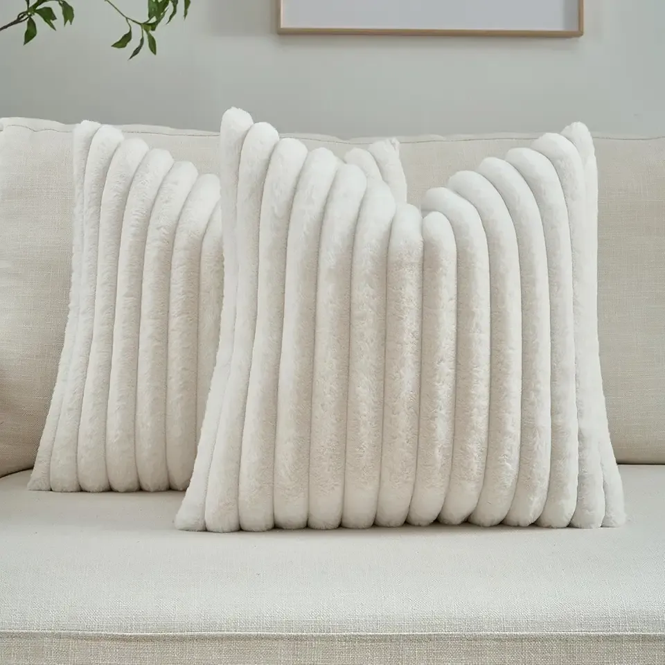 FUTEI Cream White Striped Decorative Throw Pillow Covers 18x18 Inch Set of 2,Square Spring Decorations Couch Pillow Case,Soft Cozy Faux Rabbit Fur & Velvet Back,Modern Home Decor for Bed