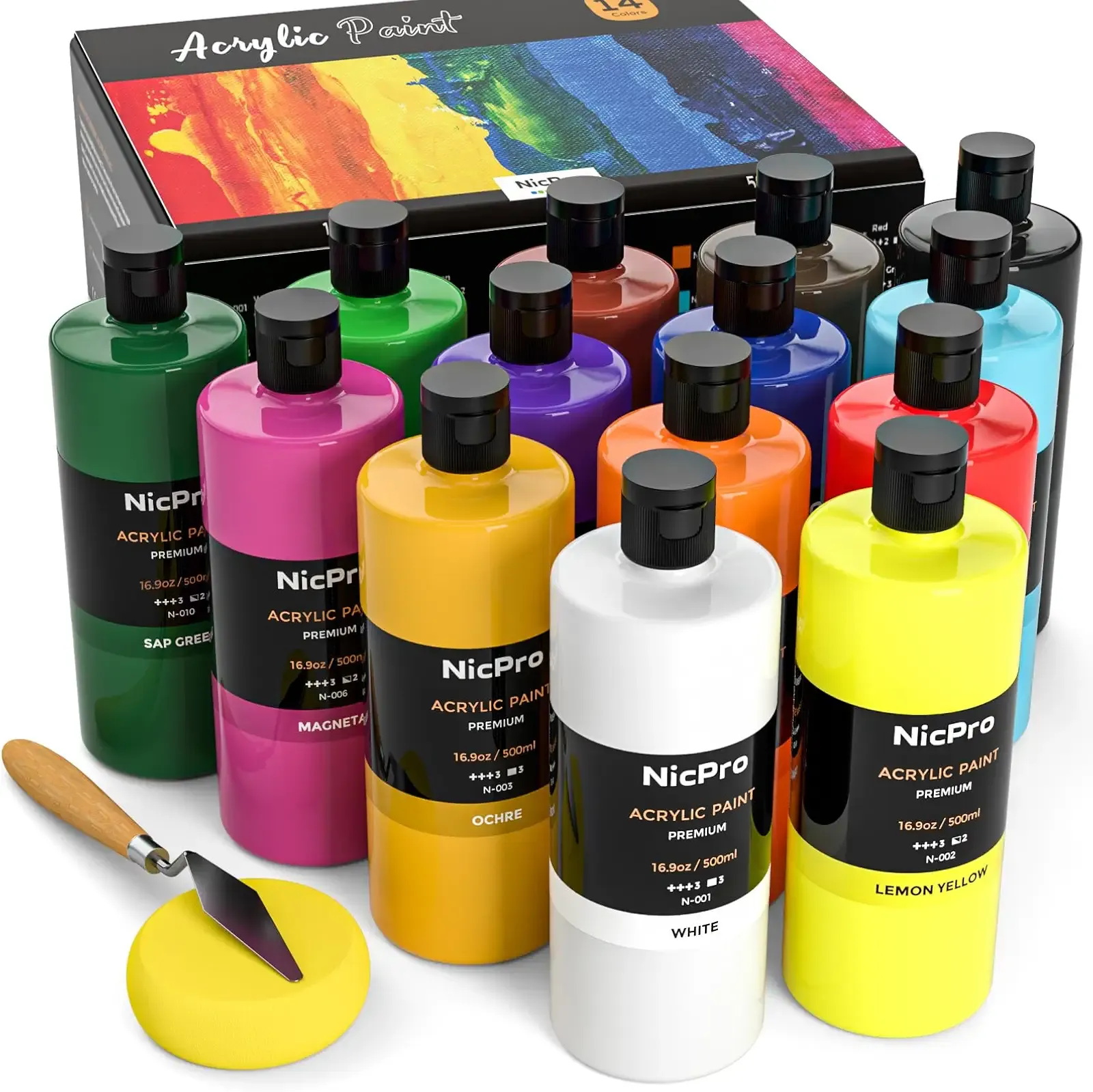 Nicpro 14 Colors Large Bulk Acrylic Paint Set for Artist (16.9 oz, 500 ml) | Rich Art Painting Supplies, Non Toxic for Multi Surface Craft Rock Canvas Wood Ceramic Leather Fabric, for Adult Beginners