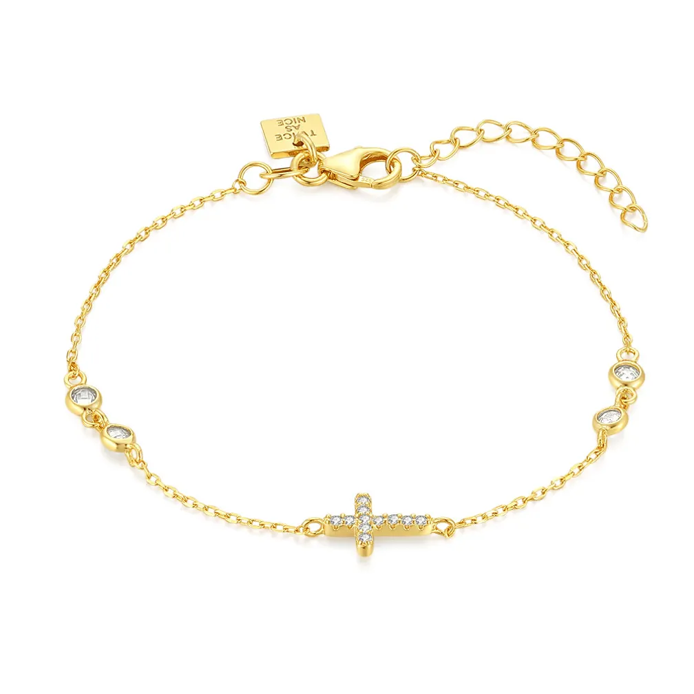 Armband in 18kt verguld zilver, kruisje zirkonia, 4 zirkonia