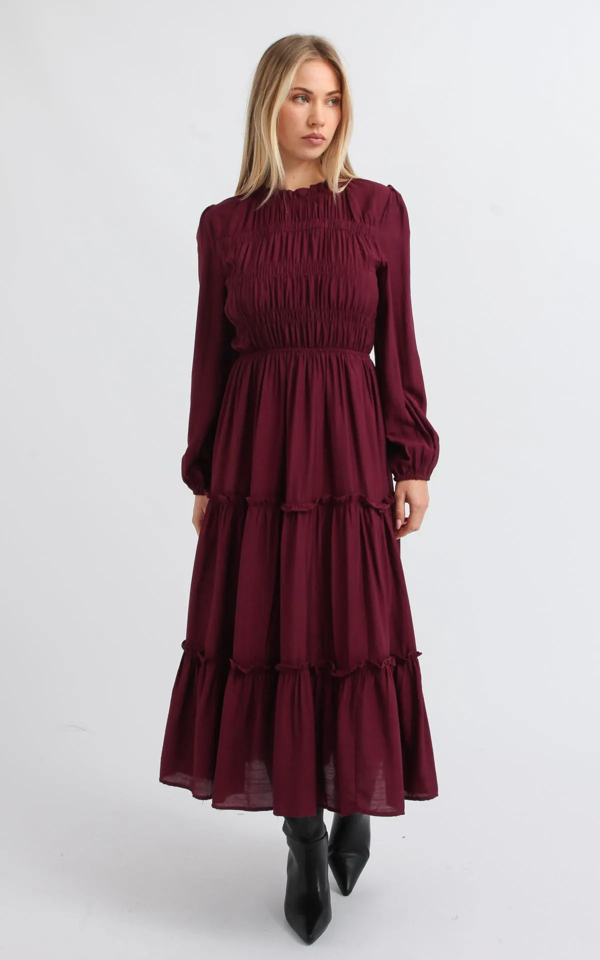 Voile Shirred Bodice LS Dress