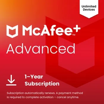 McAfee + Advanced Individual, Unlimited Devices, 1-Year Subscription with Auto-Renewal (E-delivery)