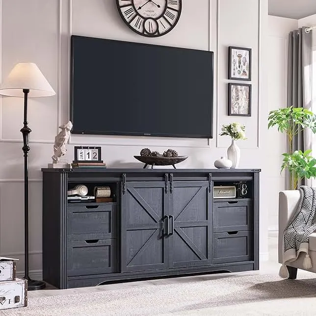 JXQTLINGMU Farmhouse TV Stand for 75+ Inch TV, 32" Tall Entertainment Center w/4 Drawers & Sliding Barn Door, Rustic Media Console w/Storage Shelves, 66" Wood Television Stand for Living Room, Black
