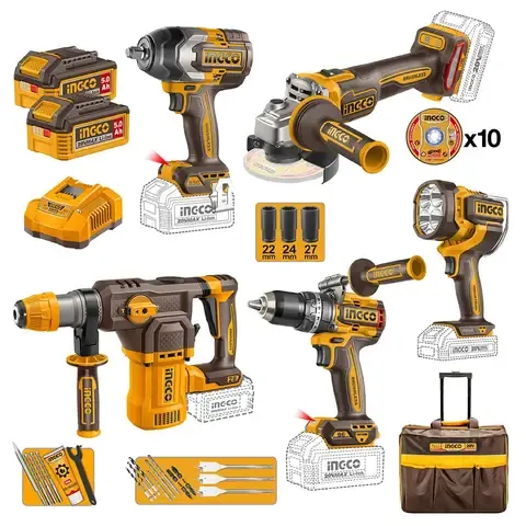 Combo INGCO: Taladro + Llave Imp + Esmeril + Rotomartillo