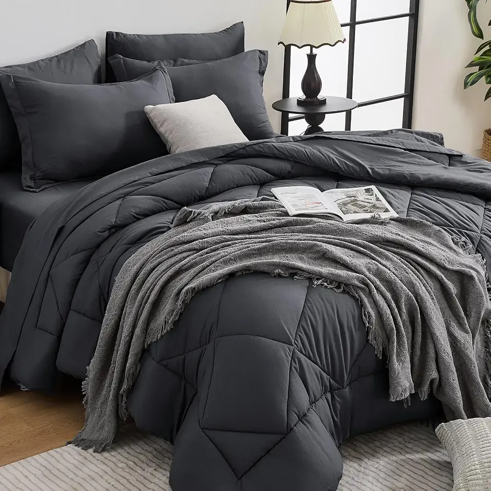 7-Piece Queen Comforter Set, Dark Gray | Reversible, All-Season, Soft, 7 Piece Set, All-Season Reversible Bed in a Bag, Flat Sheet, Fitted Sheet, Pillowcases