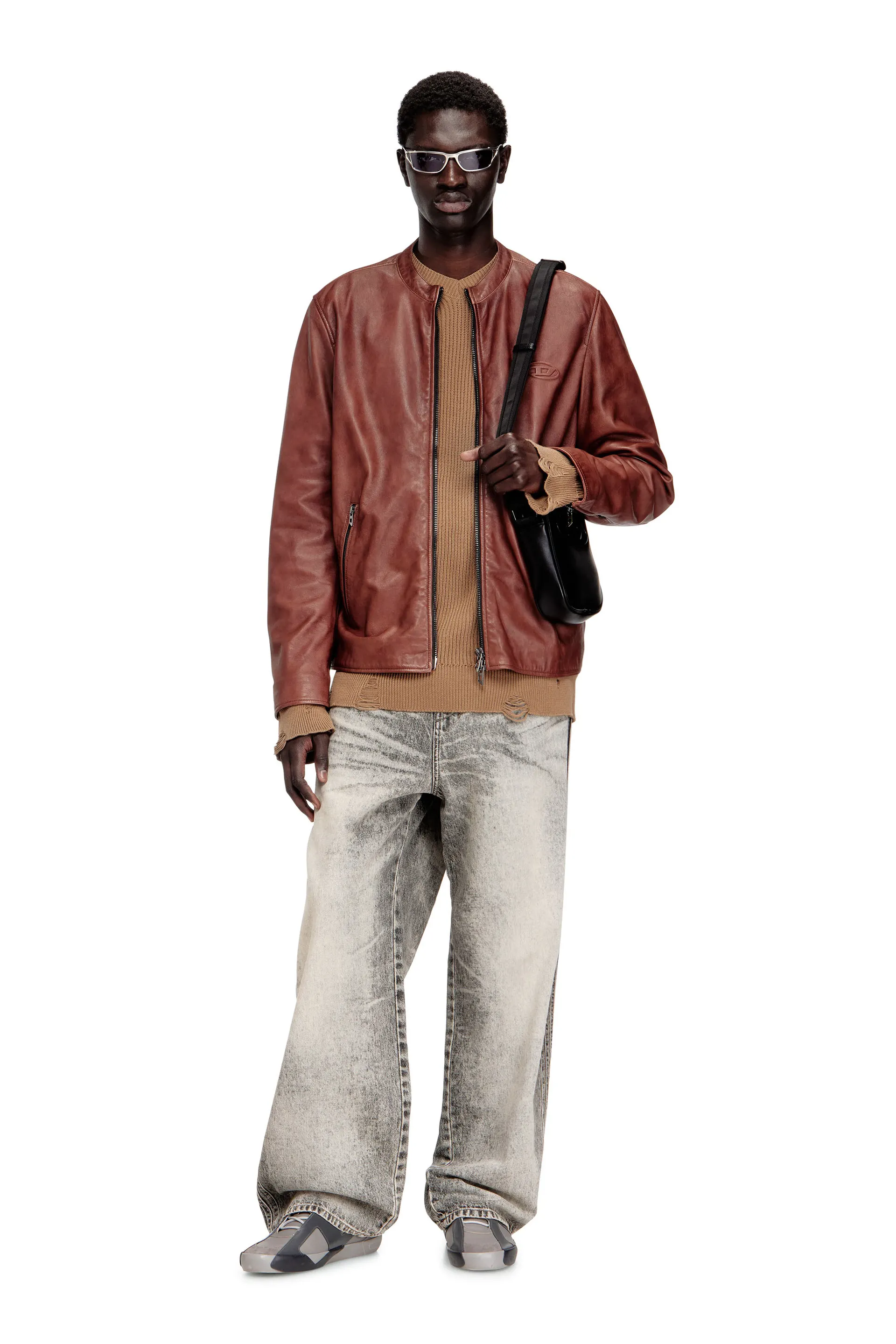 Leather biker jacket with archival logo