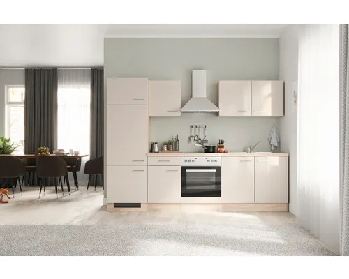 Kuchyňský blok se spotřebiči Flex Well Nepal 270 cm barva čela kašmírová lesklá barva korpusu sonoma dub