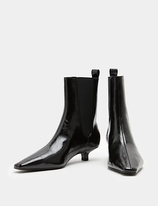 Patent Chelsea Kitten Heel Pointed Ankle Boots