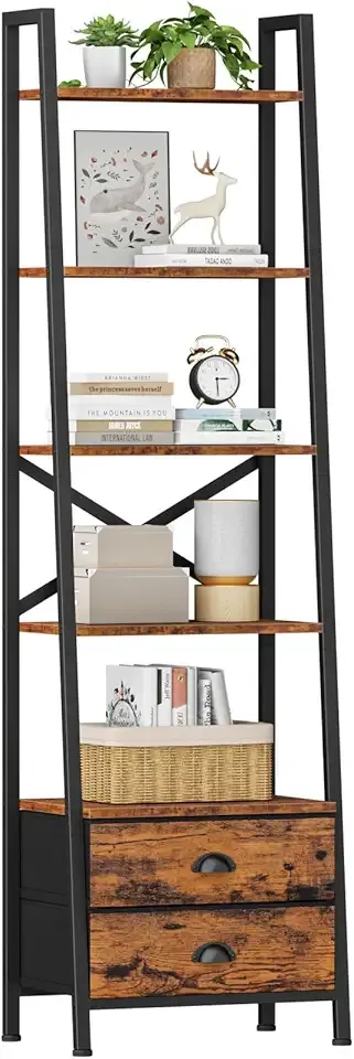 5-Tier Ladder Shelf with 2 Drawers,Narrow Bookshelf Storage Shelves,Industrial Bookcase Freestanding Rack Units for Bedroom,Living Room,Bathroom,Home Office,Balcony,Wood Metal,Rustic Brown