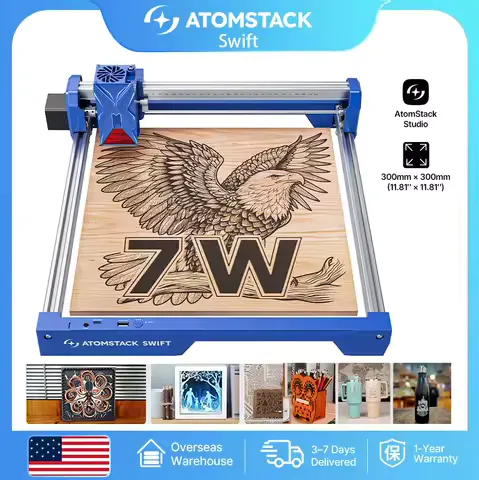 NEW ATOMSTACK Swift Laser Engraver and Cutter 7W 12W High Precision Desktop Laser Machine for Wood Acrylic Metal Engraving DIY LightBurn Compatible for Small Business Custom Engraving Sign Making DIY Workshop