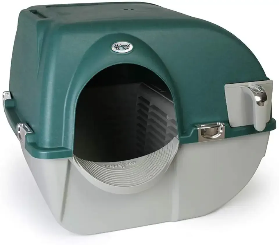 Omega Paw Premium Roll 'N Clean Self Cleaning Litter Box with Integrated Litter Step and Unique Sifting Grill, Regular Size, Forest Green