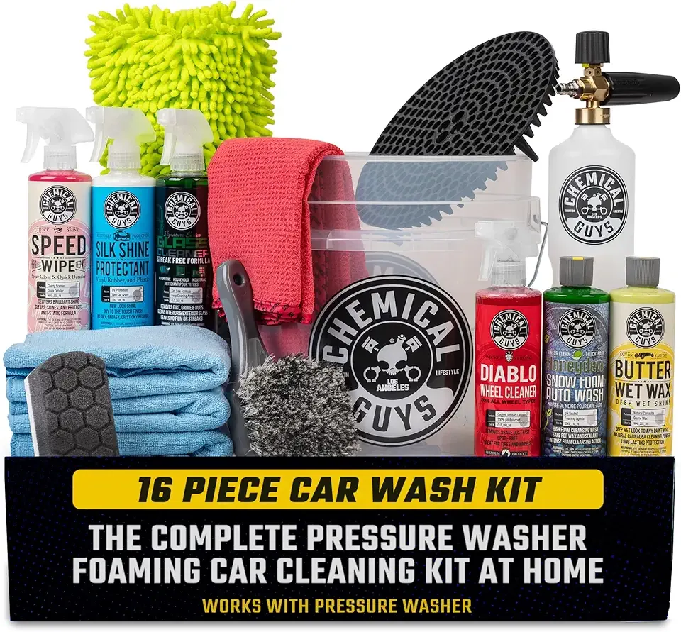 Chemical Guys 16-Piece Arsenal Builder Car Wash Kit with Foam Cannon, Bucket, and 6 x 16 oz Care Chemicals - Car Detailing Kit Works with Pressure Washers, Trucks, SUVs, Motorcycles, and More