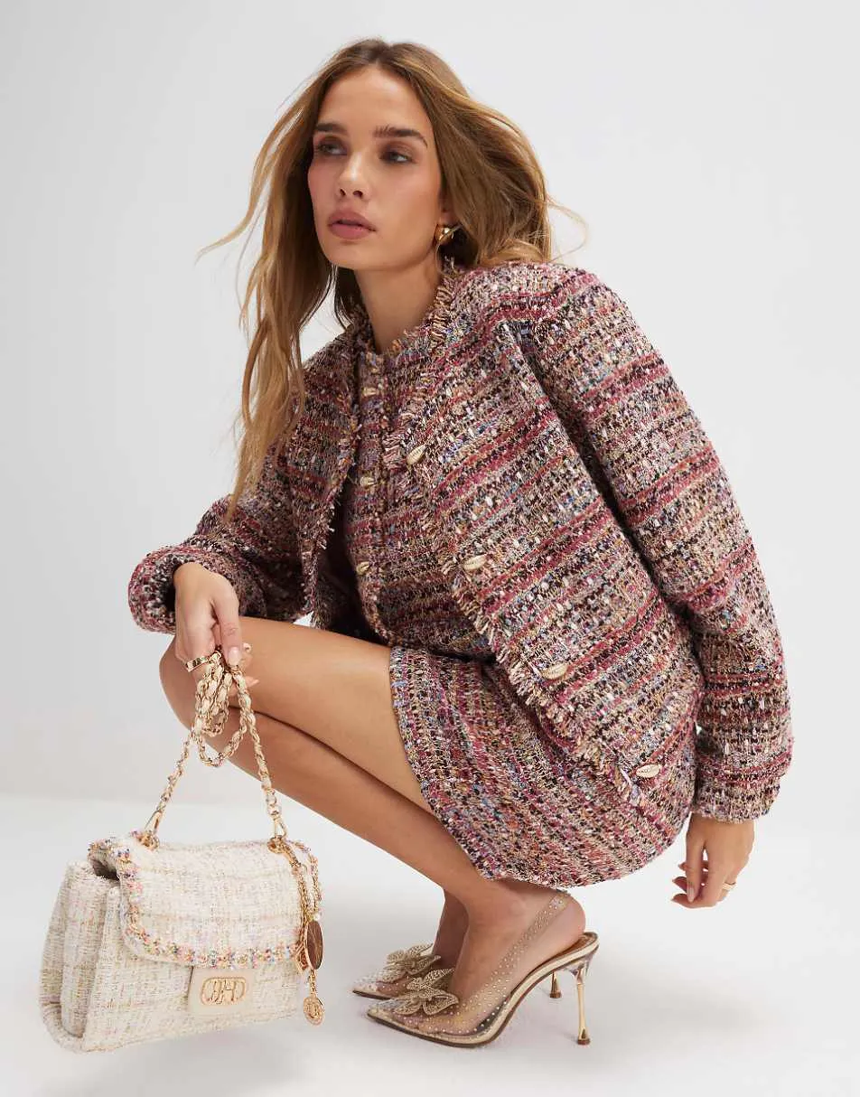 River Island Red boucle cropped bomber jacket in brown