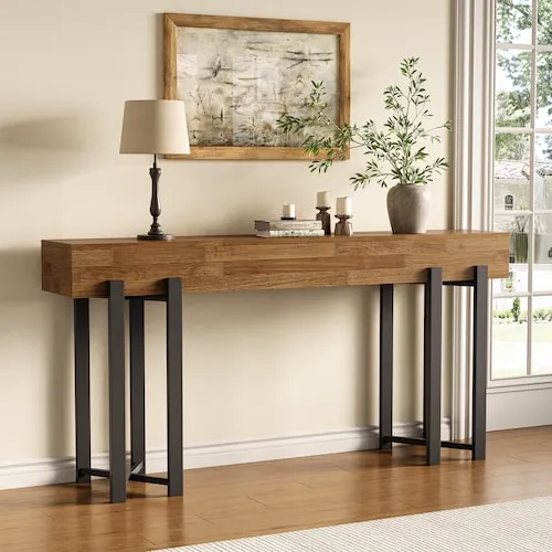 63 in. Farmhouse Oak Wooden Console Table with Black Metal Frame Behind Couch Sofa Table for Entryway Living Room Foyer