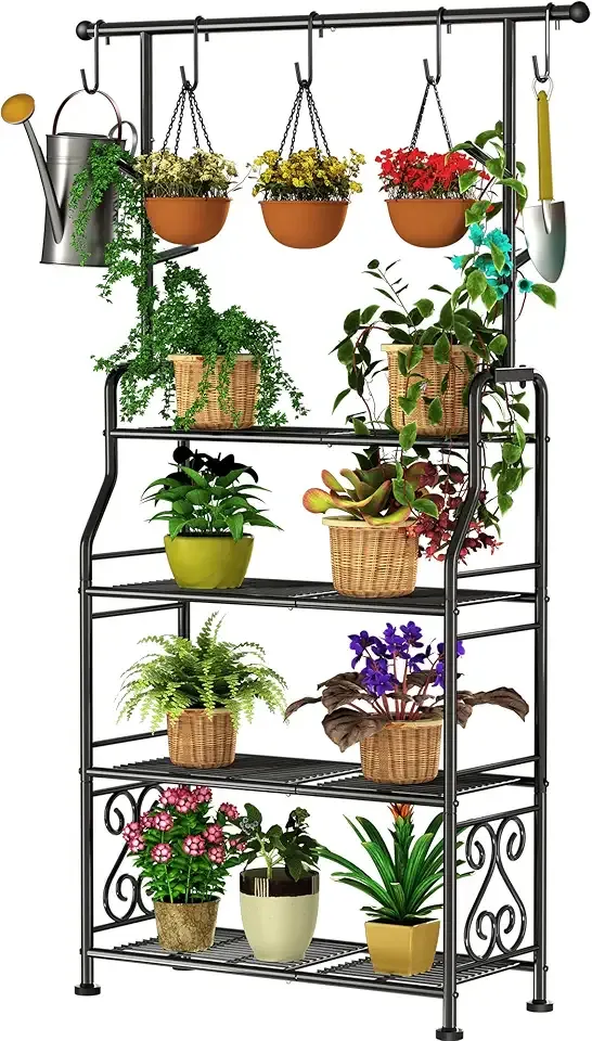 GIOTORENT Plant Stand Indoor Outdoor, 4-Tier Heavy Duty Metal Shelves, Display up to 17 Multiple Plants, Tall Plant Holder with Plant Hanger, Suit for Patio Living Room Garden Balcony, 5 Hooks, Black