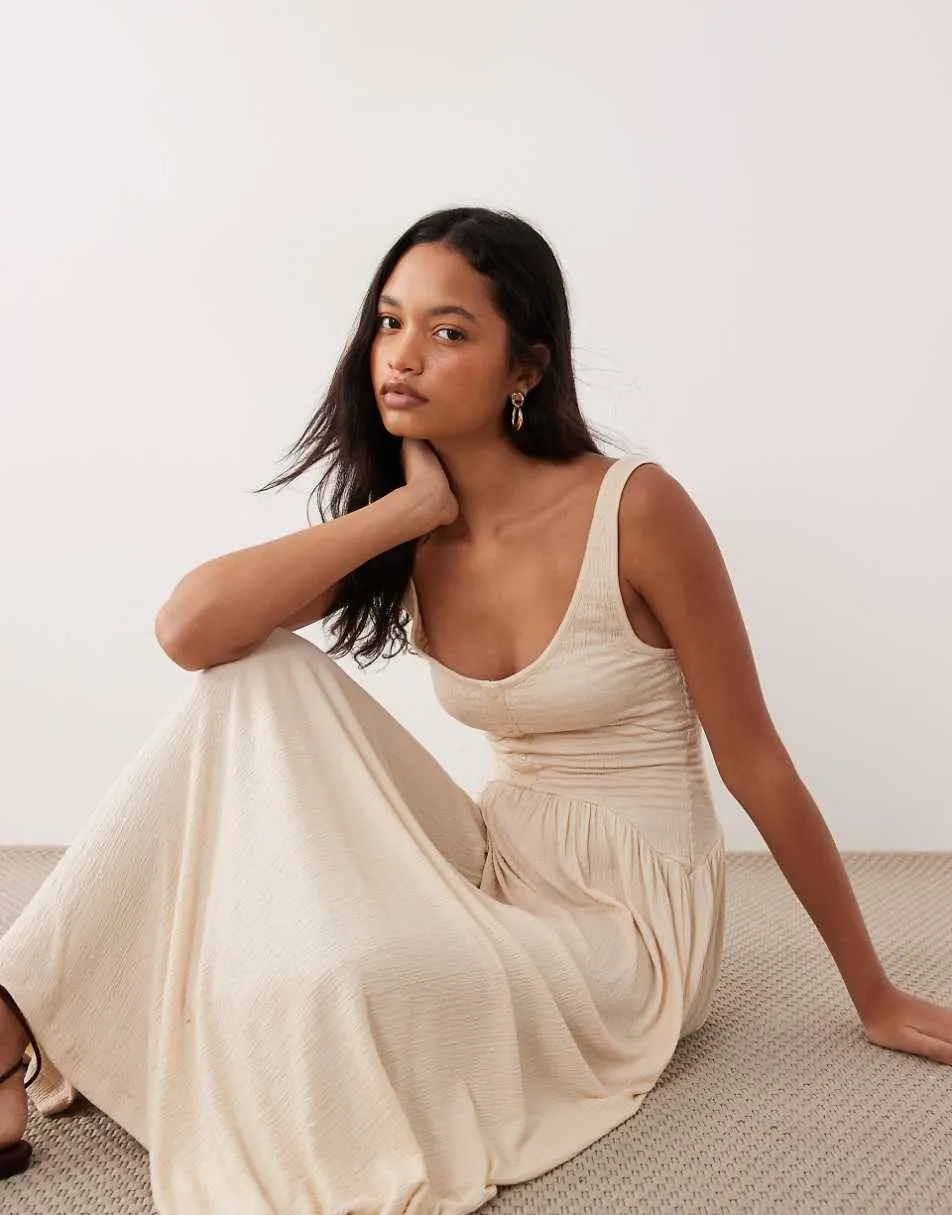 ASOS DESIGN crinkle button through midi dress in stone