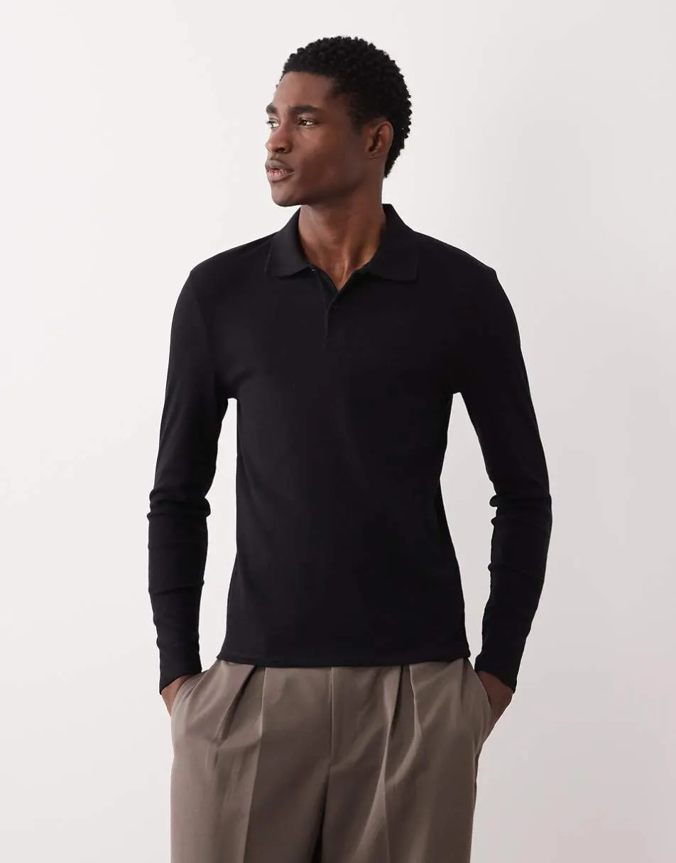 ASOS DESIGN muscle fit long sleeve polo in black rib