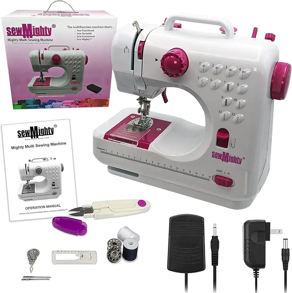 Mini Sewing Machine – Portable, Battery & AC Powered, 12 Programmed Stitch Patterns, Dual Speed – Sews Forward & Reverse, AC Power or Battery Operated – Includes Foot Pedal