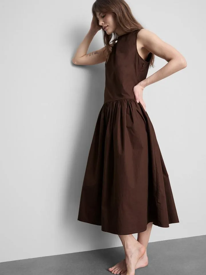 Robe mi-longue en popeline de coton à taille basse