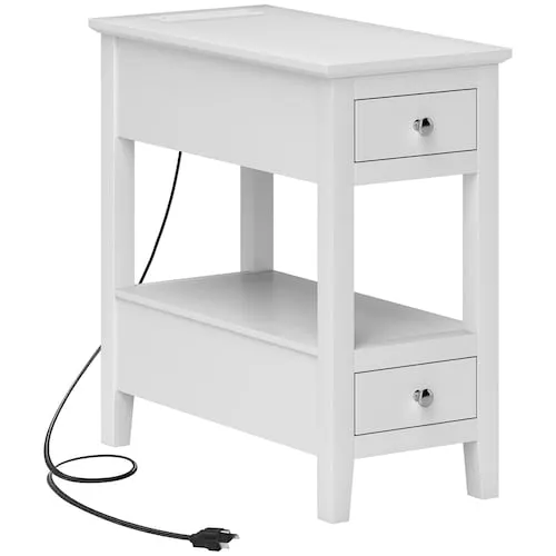 Narrow End Table with Charging Station USB Ports Drawers,White