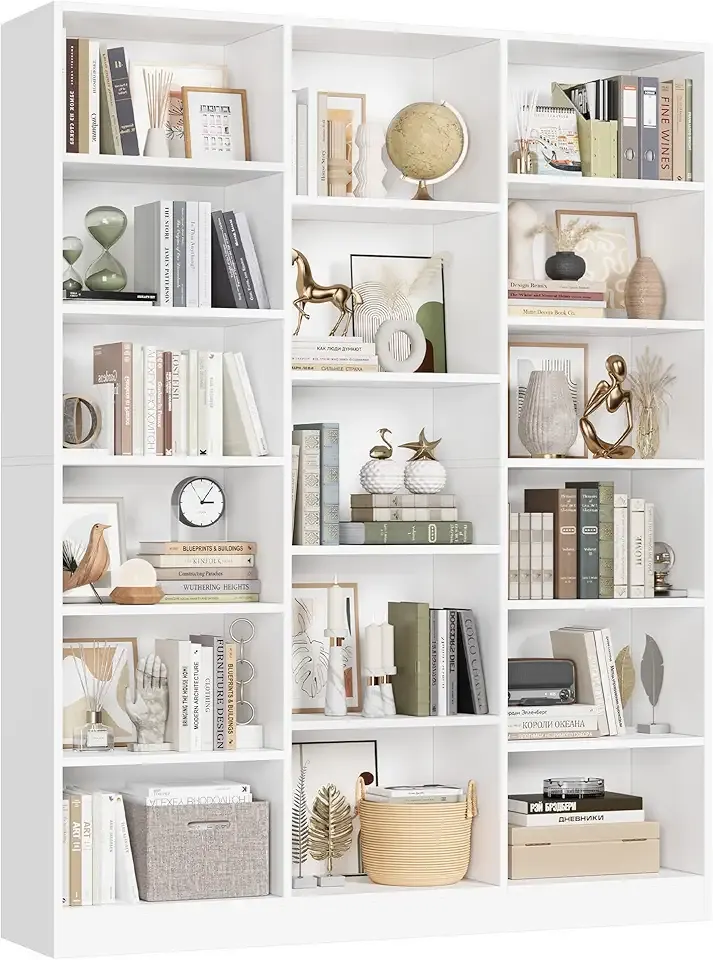 Triple Wide Bookshelf, 6 Tier Large Bookshelf, Bookcase with 17 Open Display Shelves, 74'' Tall Bookcases and Bookshelves for Living Room, Home Office, Library, White