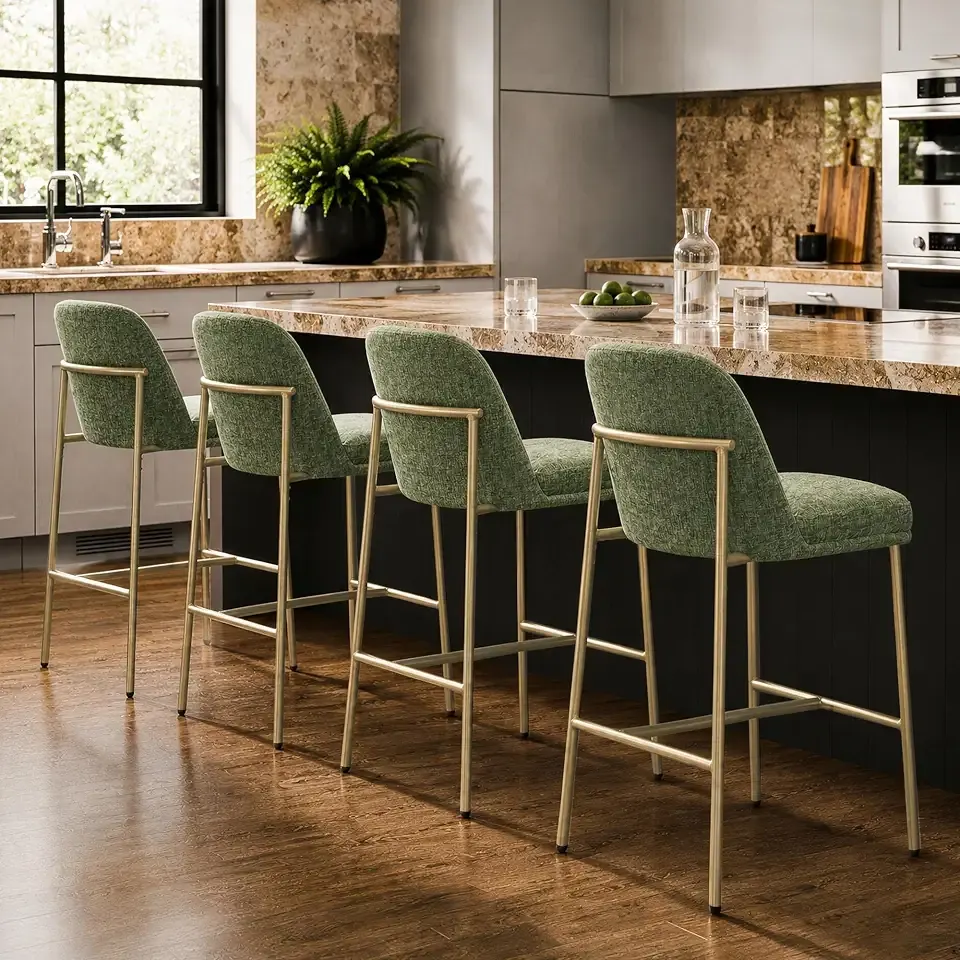 27" Counter Height Bar Stool Set of 4,Upholstered Bar Chairs with Back,Golden Metal Legs,Modern Barstools for Kitchen Island & Bar,Moss Green