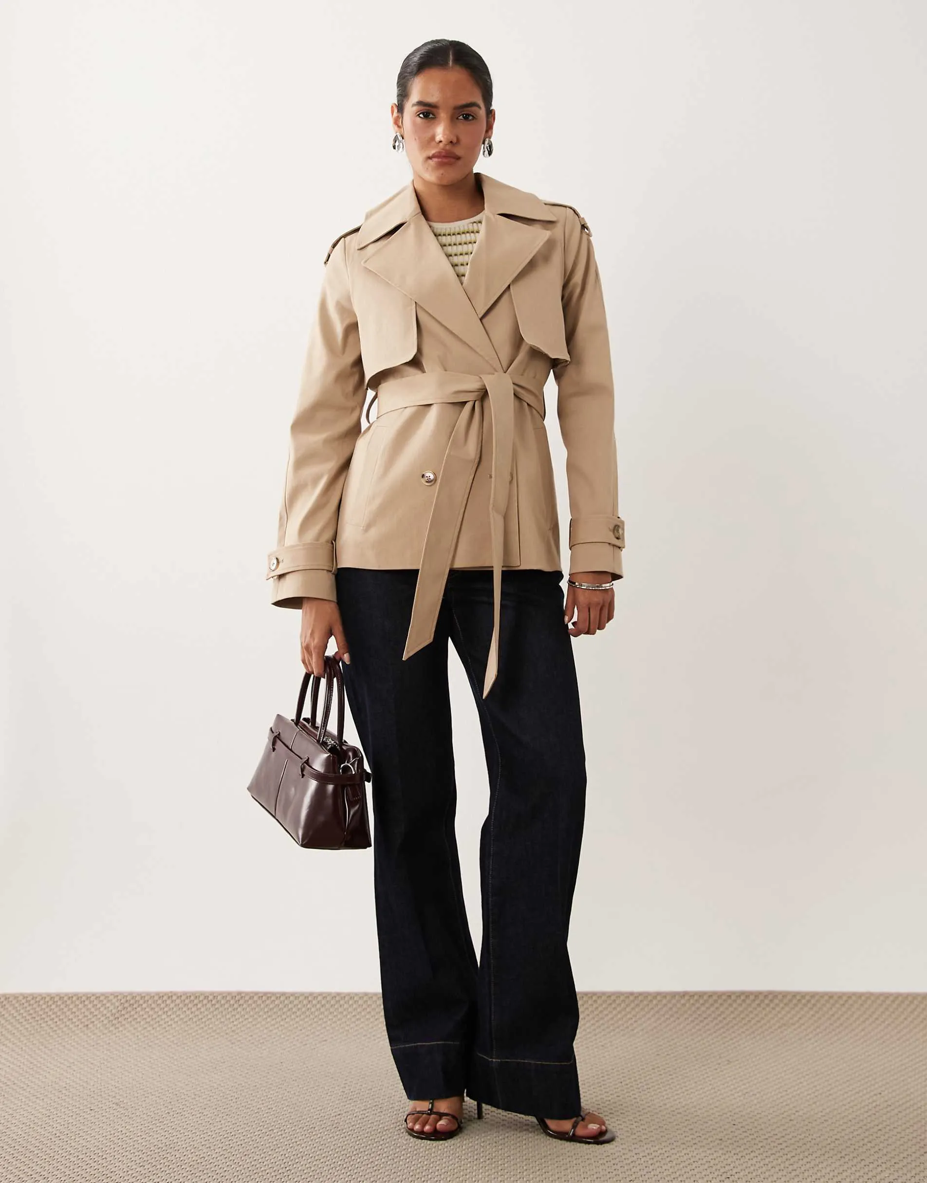 Forever New cropped belted trench coat in camel