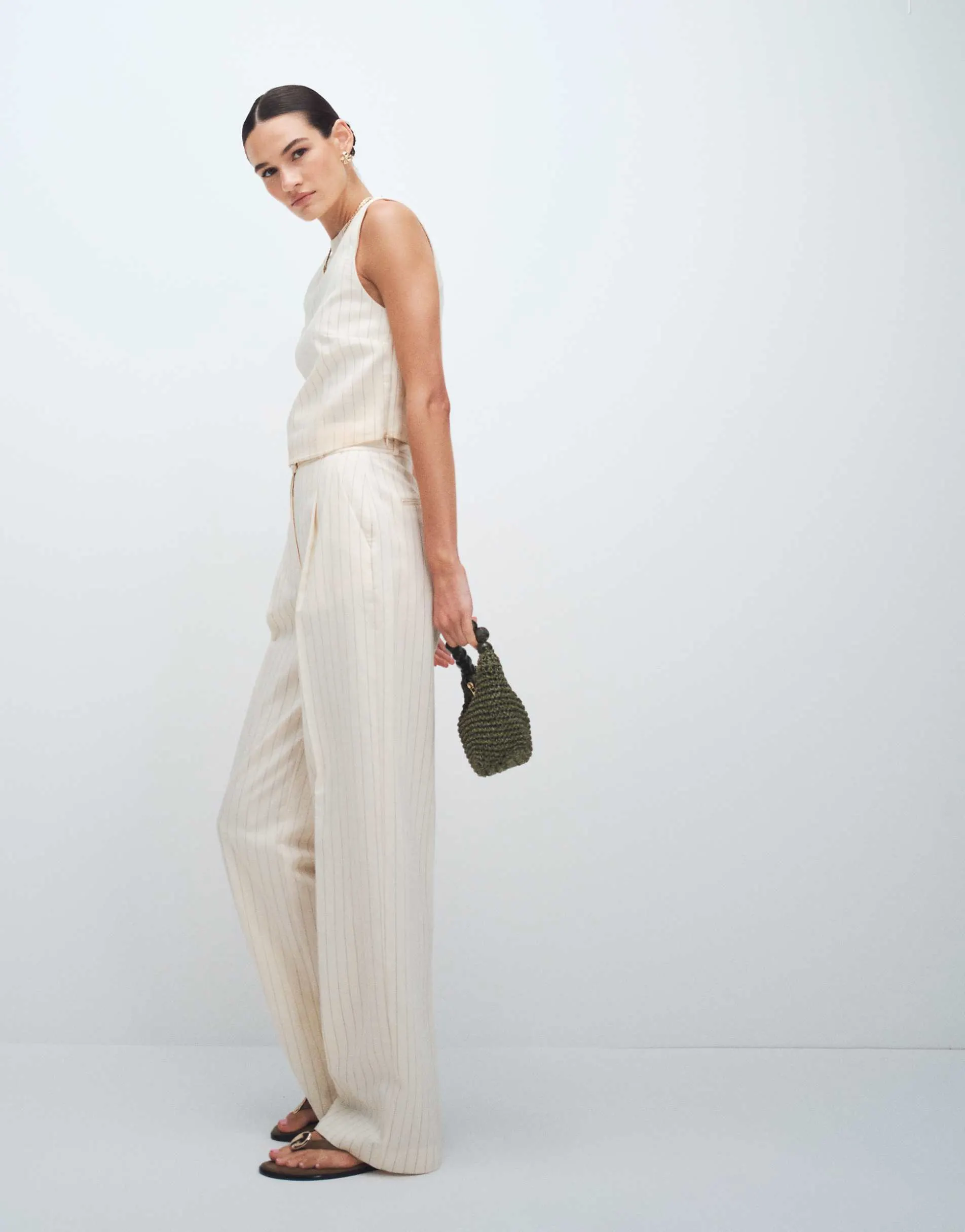 Mango Cadena linen mix sleeveless top with necklace detail & tailored trouser co-ord in cream stripe