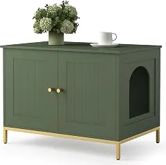 Homhedy 28.3" L Cat Litter Box Enclosure with Metal Frame, Green and Gold | Hidden Litter Box Furniture, Cat House, Pet Storage Cabinet, Fit Most of Litter Box, End Table, Morden Style Homhedy 28.3" L Cat Litter Box Enclosure…